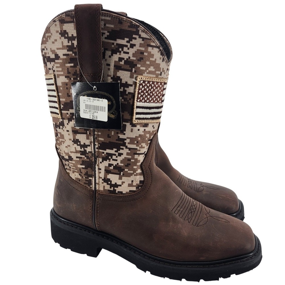 J.B. Dillon Cowboy Boots Men 8.5 EE Wide Brown Leather Camo Flag Square Toe NWT